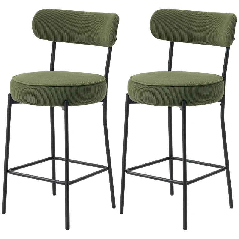 HOMCOM Set of 2 Barstools, Upholstered Corduroy Bar Stools with Backrest, Footrest for Kitchen Island, Dining Room, Green