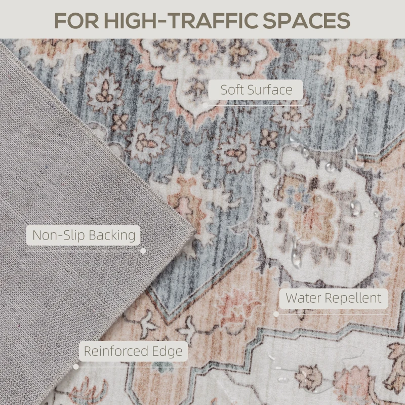 HOMCOM 4x6 Area Rug, Vintage Machine Washable Rug, Non-Slip Carpet for Living Room, Bedroom, Dining Room, Brown & Light Blue