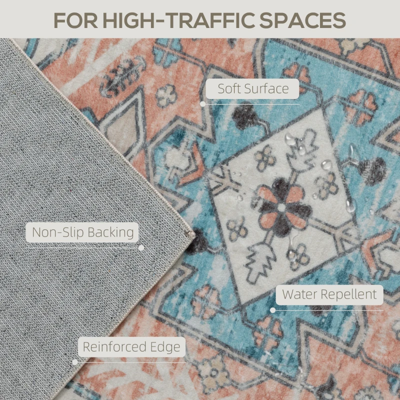 HOMCOM 8x10 Area Rug, Vintage Machine Washable Rug, Non-Slip Floor Carpet for Living Room, Bedroom, Dining Room, Brown and Blue