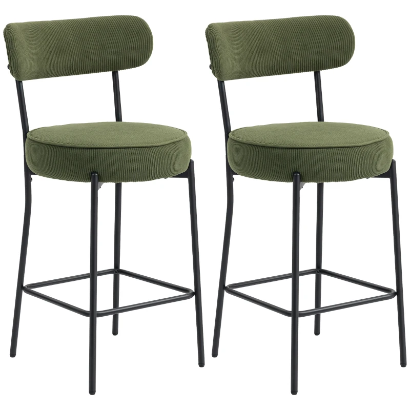 HOMCOM Set of 2 Barstools, Upholstered Corduroy Bar Stools with Backrest, Footrest for Kitchen Island, Dining Room, Green