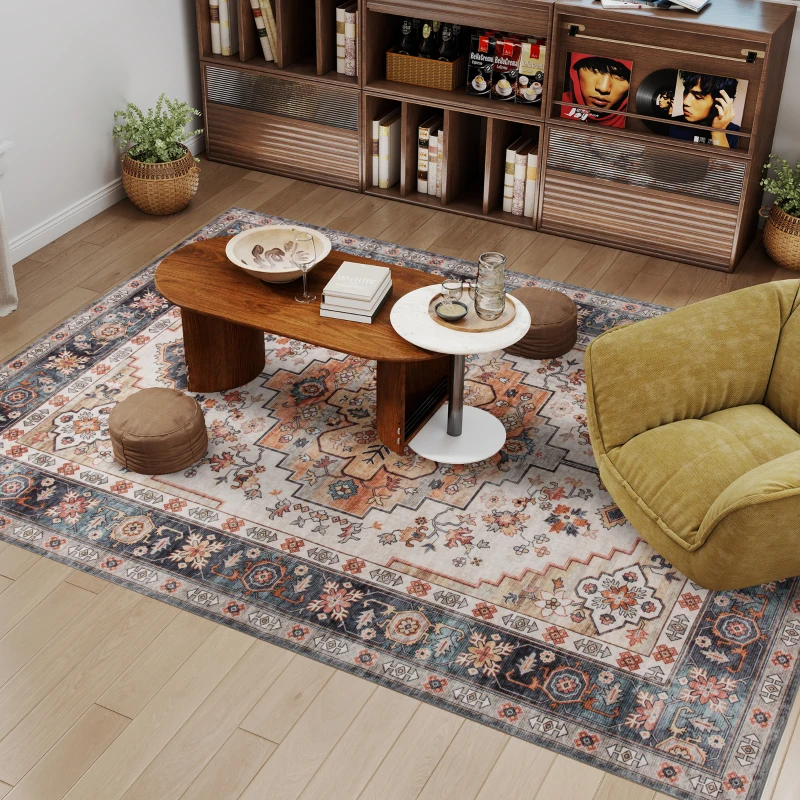 HOMCOM Area Rug 8x10, Machine Washable Rug, Non-Slip Boho Print Pattern Medallion Carpet for Living Room, Bedroom, Tawny Brown