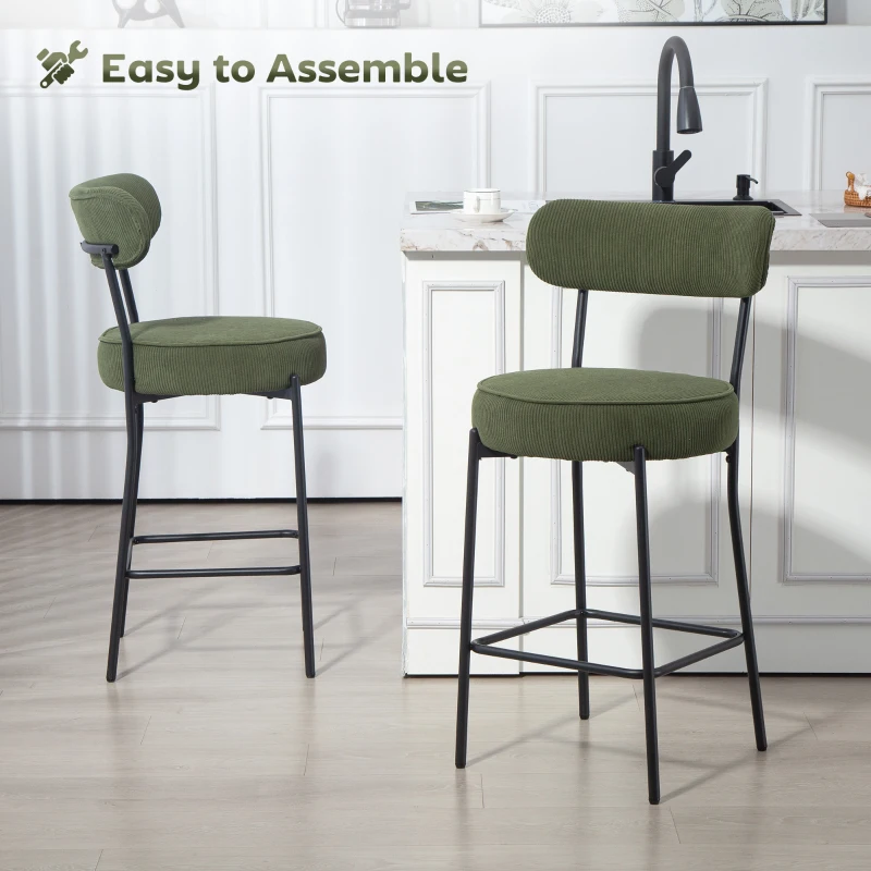 HOMCOM Set of 2 Barstools, Upholstered Corduroy Bar Stools with Backrest, Footrest for Kitchen Island, Dining Room, Green