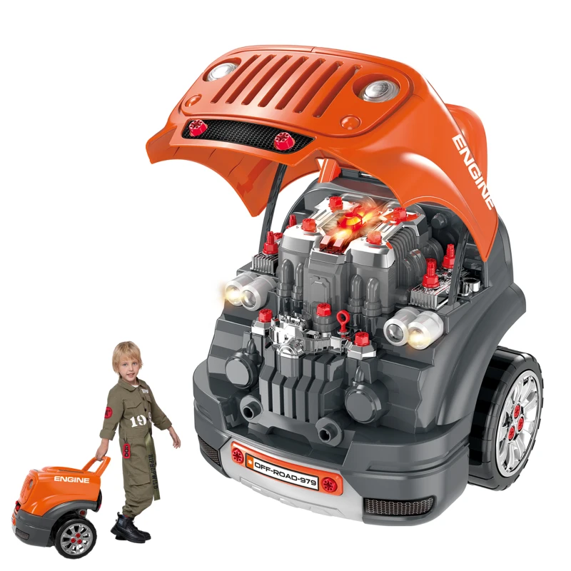 Qaba Kids Truck Engine Toys for Boys Girls 3 4 5 Years Old, Toddlers Construction Educational Repair Car Tool Set with Light and Sound, Orange