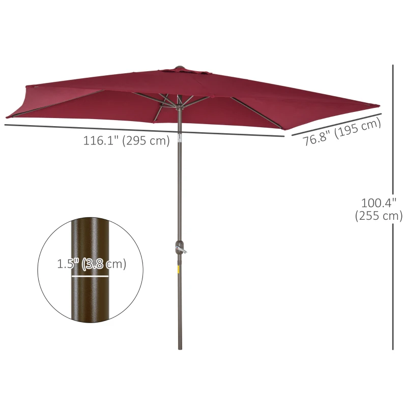 Outsunny 6.5x10ft Patio Umbrella, Rectangle Market Umbrella with Aluminum Frame and Crank Handle, Garden Parasol Outdoor Sunshade Canopy, Wine Red