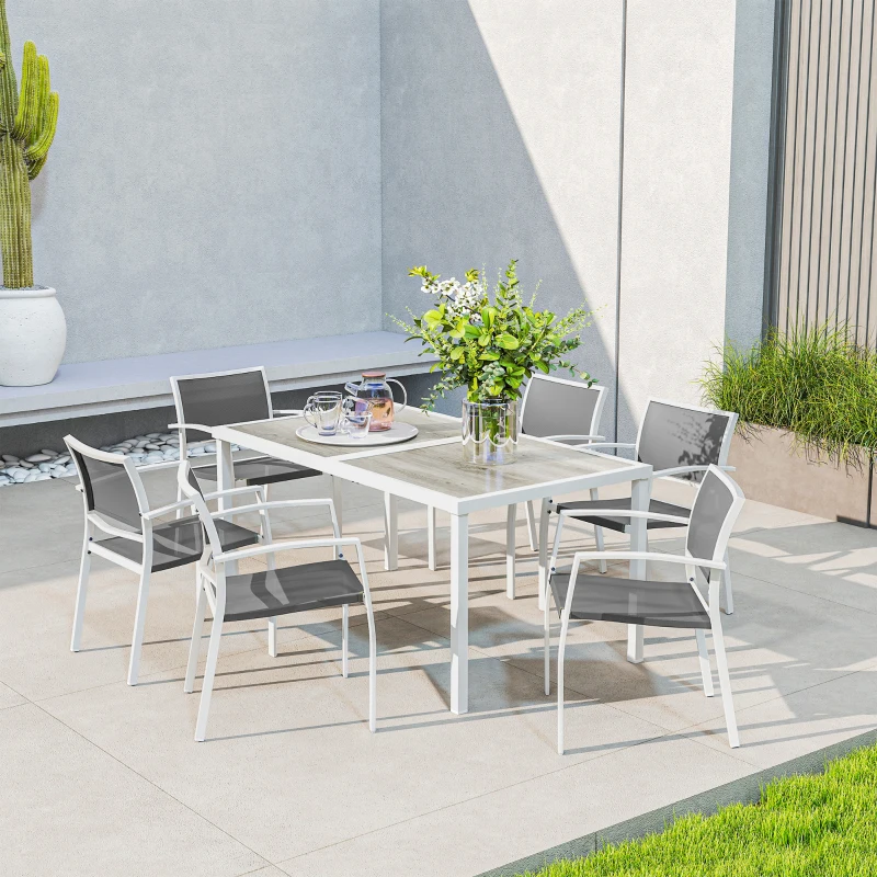 Outsunny 7 Pieces Outdoor Dining Set with 6 Stackable Chairs, Patio Table and Chairs with Plastic Top, Breathable Mesh Seat Back