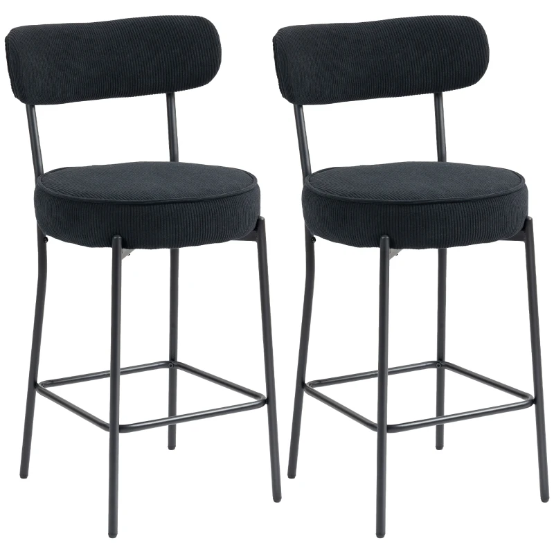 HOMCOM Set of 2 Barstools, Upholstered Corduroy Bar Stools with Backrest, Footrest for Kitchen Island, Dining Room, Black