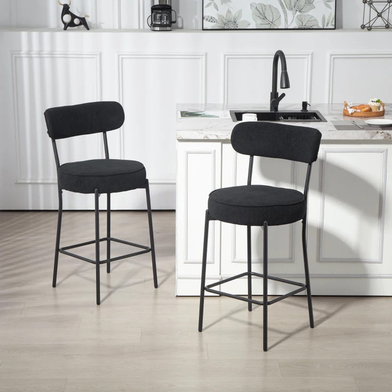 HOMCOM Set of 2 Barstools, Upholstered Corduroy Bar Stools with Backrest, Footrest for Kitchen Island, Dining Room, Black