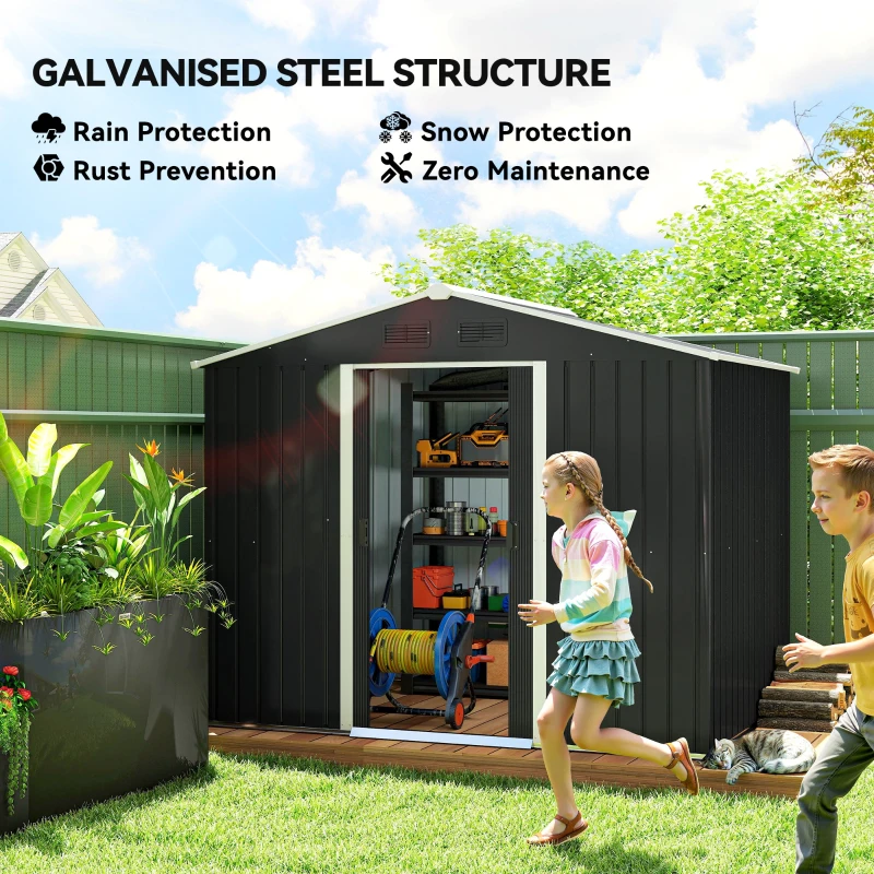 Outsunny 8' x 6' Outdoor Storage Shed, Metal Garden Tool Storage House with Lockable Sliding Doors and Vents for Backyard Patio Lawn, Charcoal Grey
