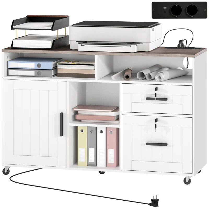 HOMCOM Mobile Printer Stand with Charging Station and USB Ports, Locking Filing Cabinet for A4 and Letter Size, White