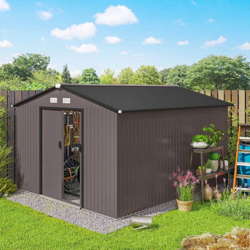 Outsunny 11' x 9' Metal Storage Shed Garden Tool House with Double Sliding Doors, 4 Air Vents for Backyard, Patio, Brown