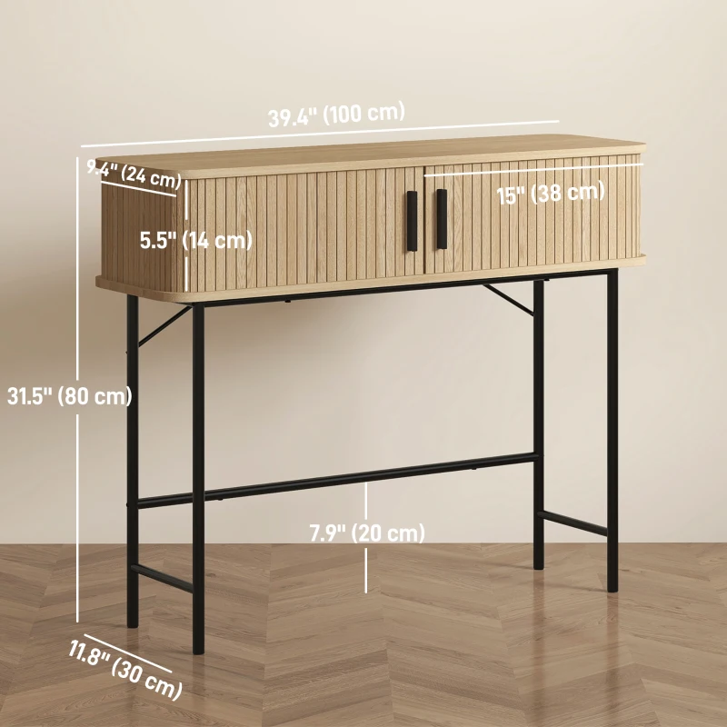 HOMCOM Mid-Century Narrow Console Table with Slatted Tambour Sliding Doors, Entryway Table with Steel Legs, Oak and Black