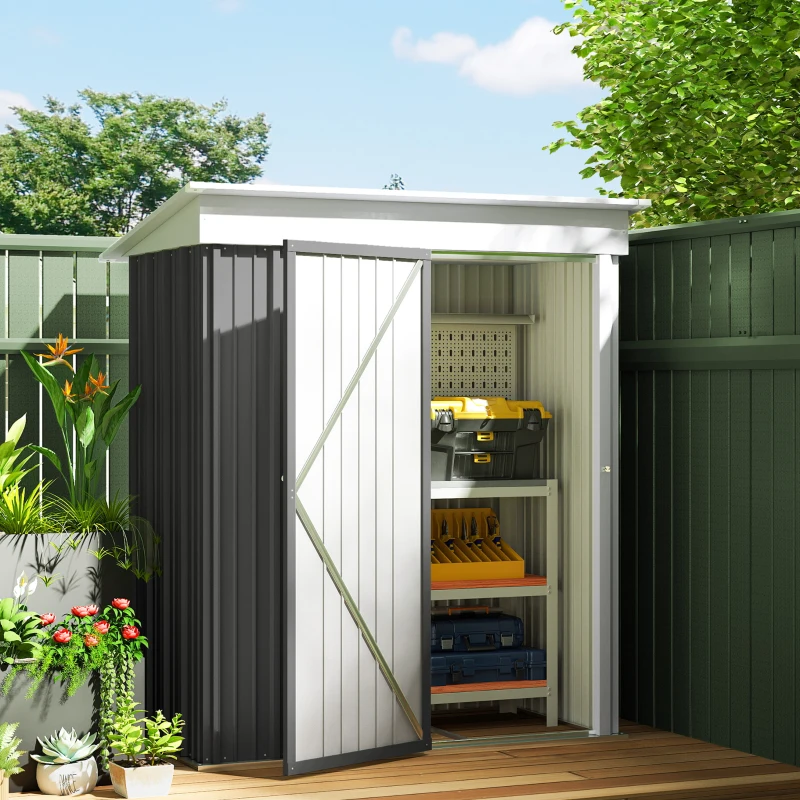 Outsunny Outdoor Sheds Storage, Small Steel Lean-to Shed with Adjustable Shelf, Lock, Gloves, 5' x 3' x 6', Dark Gray