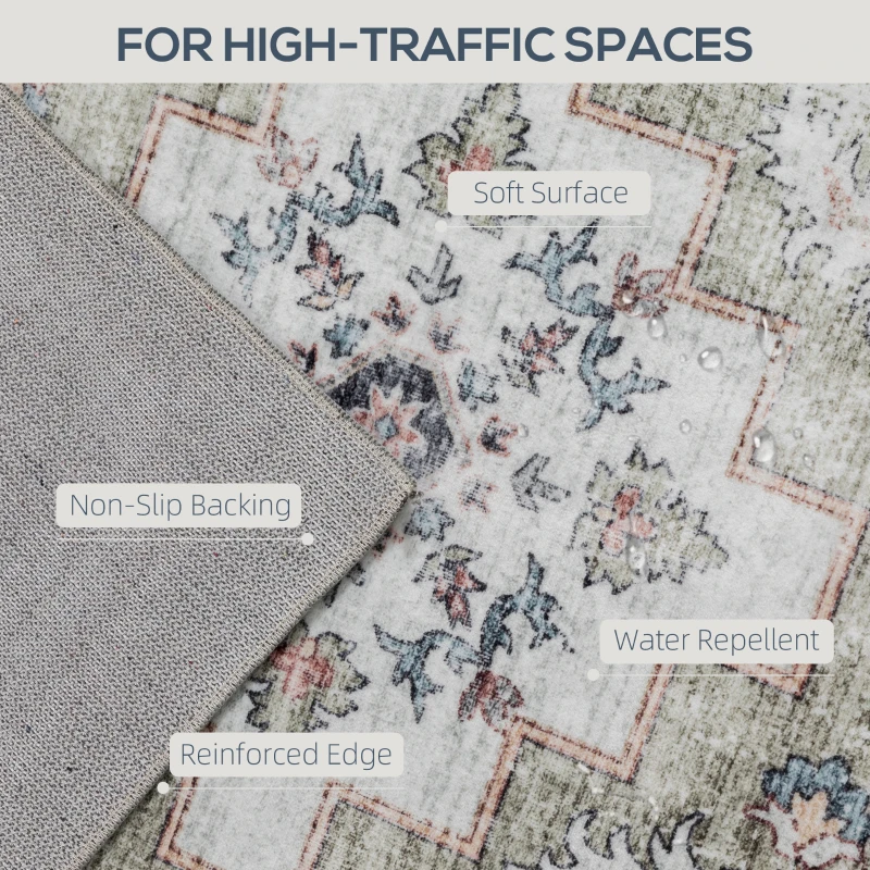 HOMCOM 5x7 Area Rug, Vintage Machine Washable Rug, Non-Slip Carpet for Living Room, Bedroom, Dining Room, Brown and Green