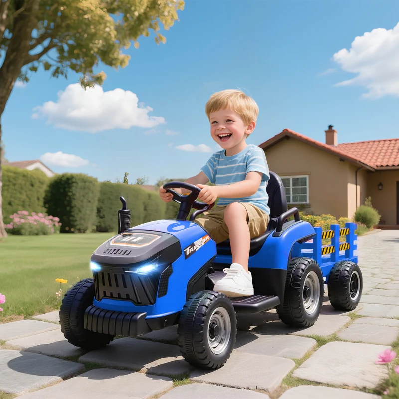 Qaba 12V Kids Ride On Tractor with Trailor, Remote Control, Music, Lights, Shifter, for Kids Ages 3-8 Years, Blue