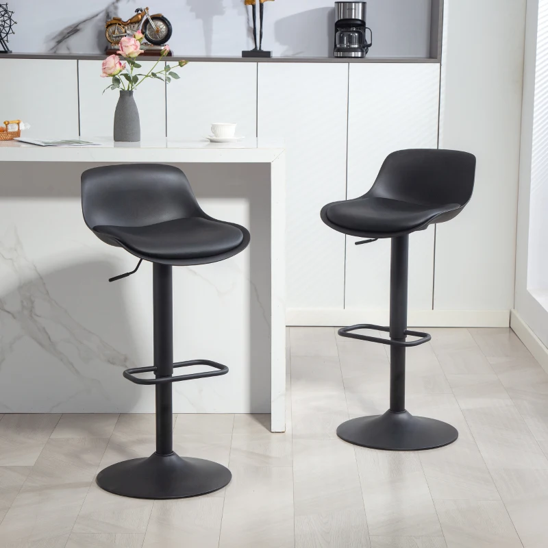 HOMCOM Counter Height Bar Stools Set of 2, Streamlined Bar Chairs with Adjustable Height and Swivel PU Leather Seat, Black