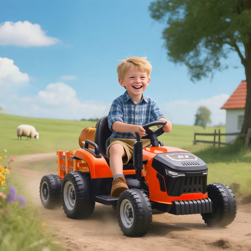 Qaba 12V Kids Ride On Tractor with Trailor, Remote Control, Music, Lights, Shifter, for Kids Ages 3-8 Years, Orange