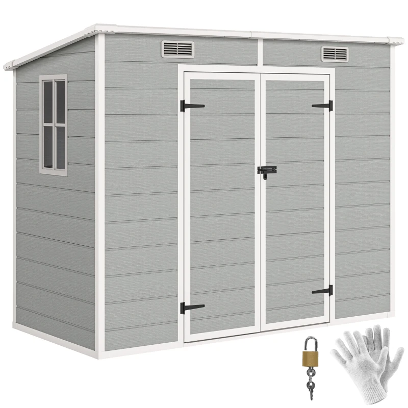 Outsunny 8' x 4' Resin Outdoor Storage Shed with Floor, Window, Lockable Doors and Vents for Backyard Patio Lawn, Light Grey