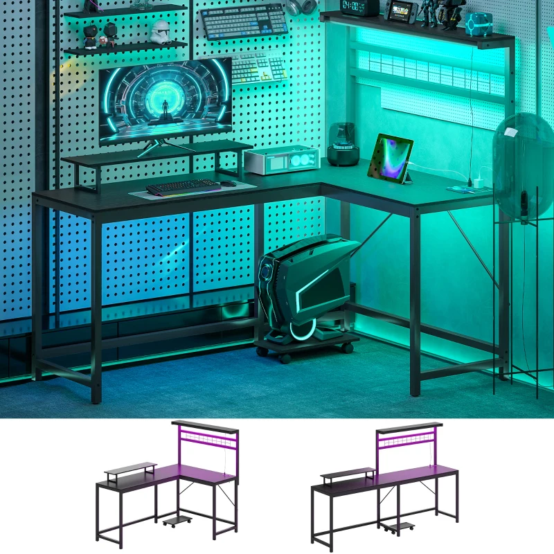HOMCOM 61.6" L Shaped Gaming Desk with Power Outlets & LED Lights, Computer Desk with Monitor Stand and CPU Shelf, Black