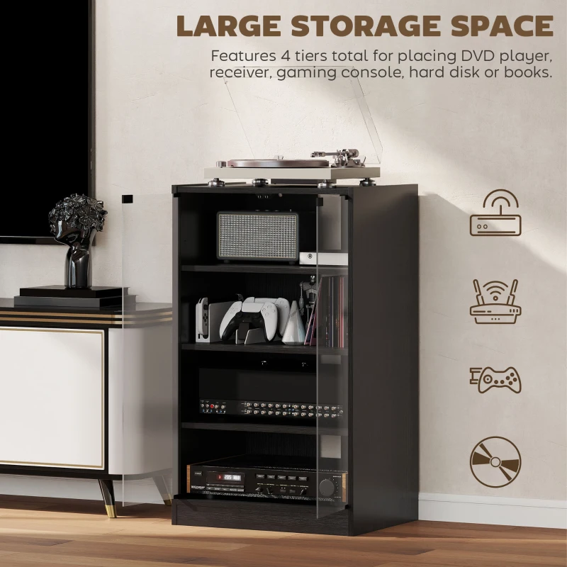 HOMCOM Media Cabinet, 4-Tier Stereo Cabinet, Record Player Stand with Vinyl Record Storage, Adjustable Shelves, Tempered Glass Doors and Cable Management, Distressed Black