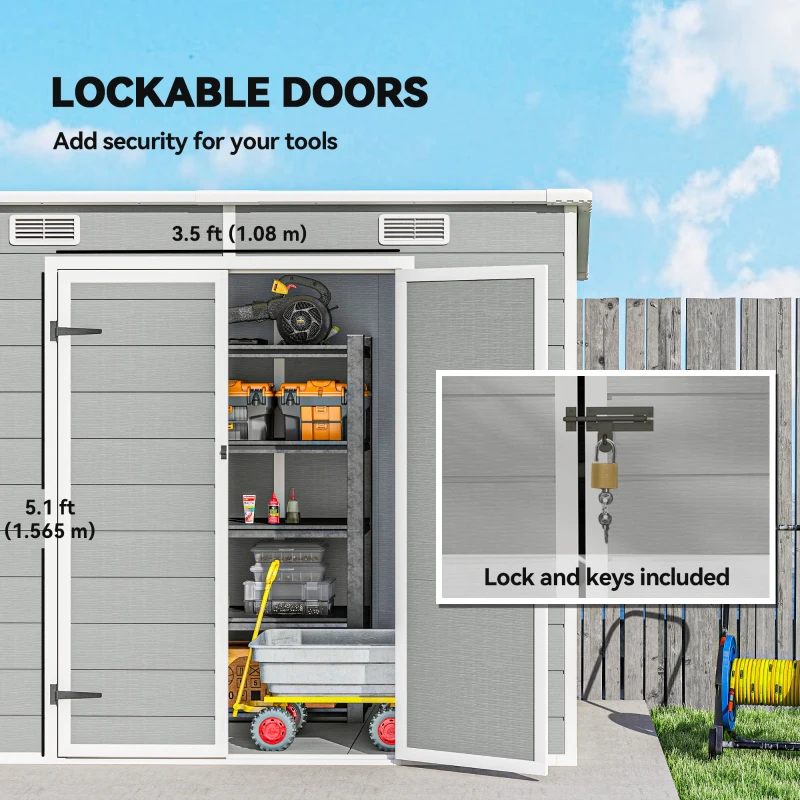 Outsunny 8' x 4' Resin Outdoor Storage Shed with Floor, Window, Lockable Doors and Vents for Backyard Patio Lawn, Light Grey