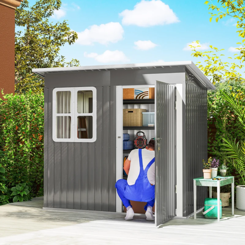 Outsunny 7' x 4' Galvanised Steel Outdoor Storage Shed, Garden Shed with Window, Lockable Wide Door and Air Vents, Dark Grey