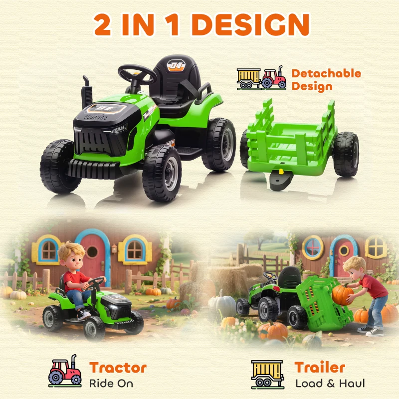 Qaba 12V Kids Ride On Tractor with Trailor, Remote Control, Music, Lights, Shifter, for Kids Ages 3-8 Years, Green