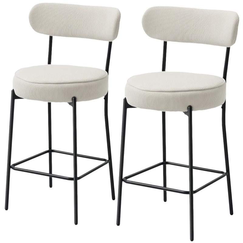 HOMCOM Set of 2 Barstools, Upholstered Corduroy Bar Stools with Backrest, Footrest for Kitchen Island, Dining Room, Cream White