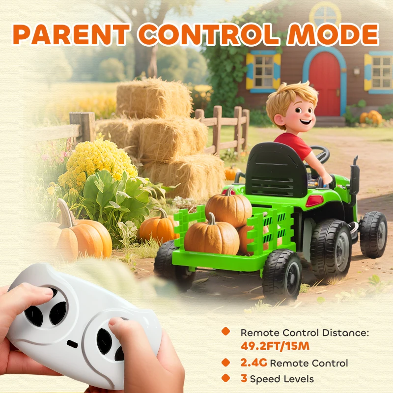 Qaba 12V Kids Ride On Tractor with Trailor, Remote Control, Music, Lights, Shifter, for Kids Ages 3-8 Years, Green