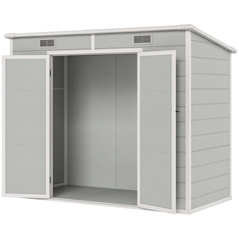 Outsunny 8' x 4' Resin Outdoor Storage Shed with Floor, Window, Lockable Doors and Vents for Backyard Patio Lawn, Light Grey