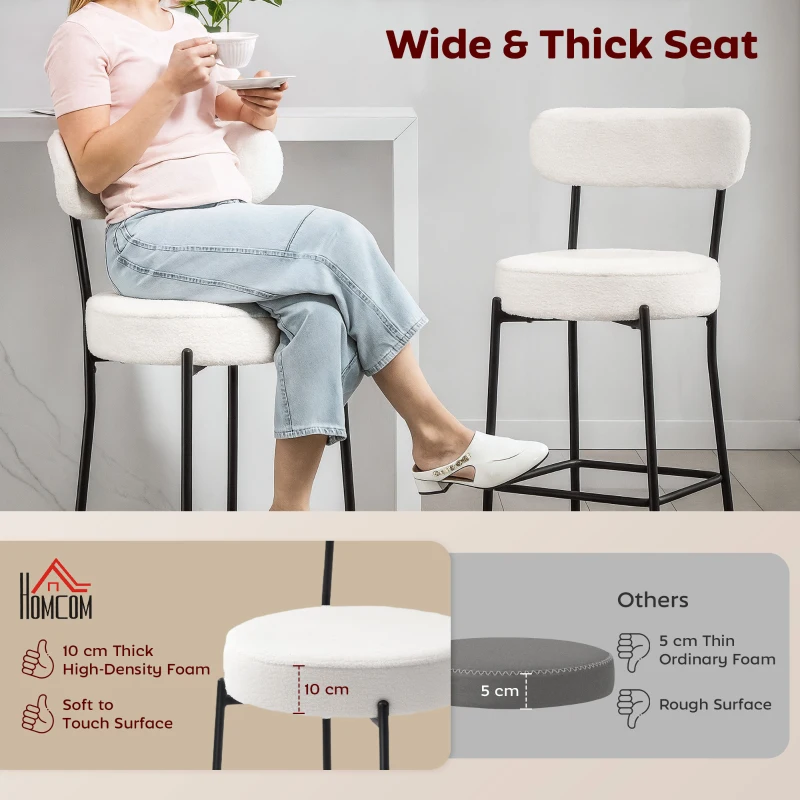 HOMCOM Set of 2 Barstools, Upholstered Bar Stools with Backrest, Footrest for Kitchen Island, Dining Room, Cream White