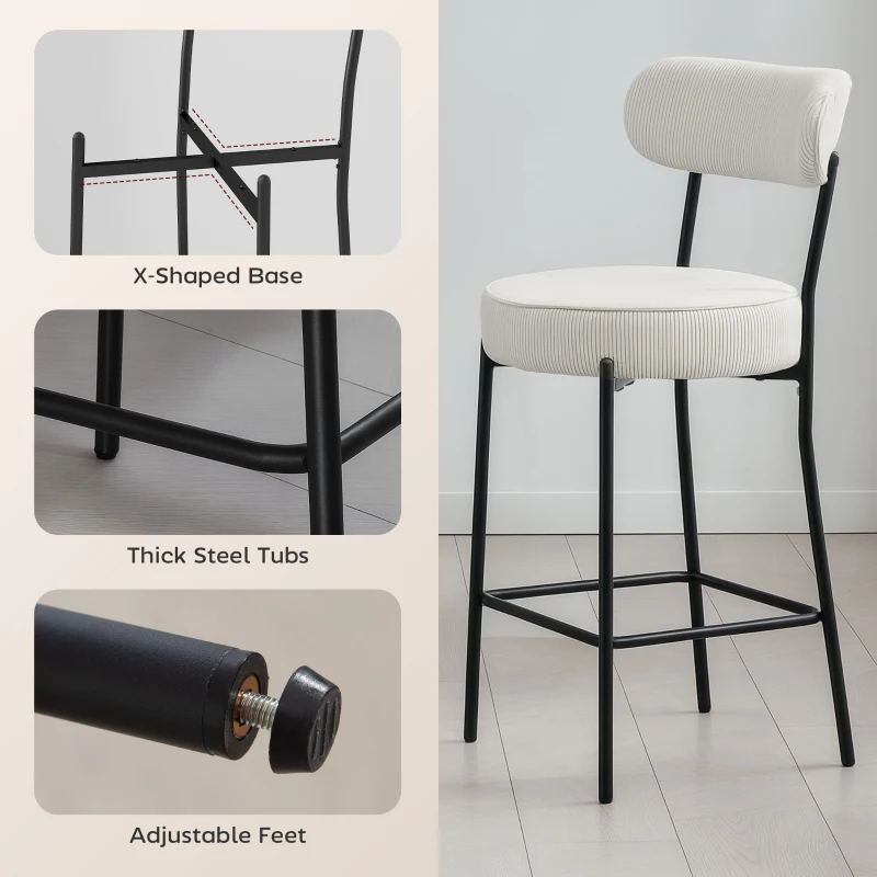 HOMCOM Set of 2 Barstools, Upholstered Corduroy Bar Stools with Backrest, Footrest for Kitchen Island, Dining Room, Cream White