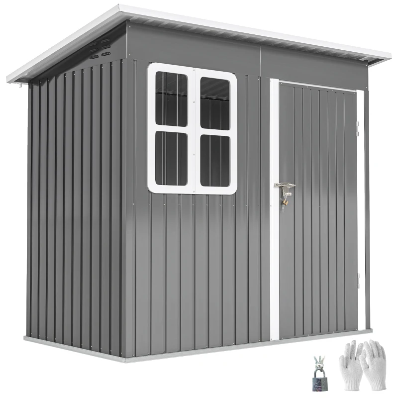 Outsunny 7' x 4' Galvanised Steel Outdoor Storage Shed, Garden Shed with Window, Lockable Wide Door and Air Vents, Dark Grey