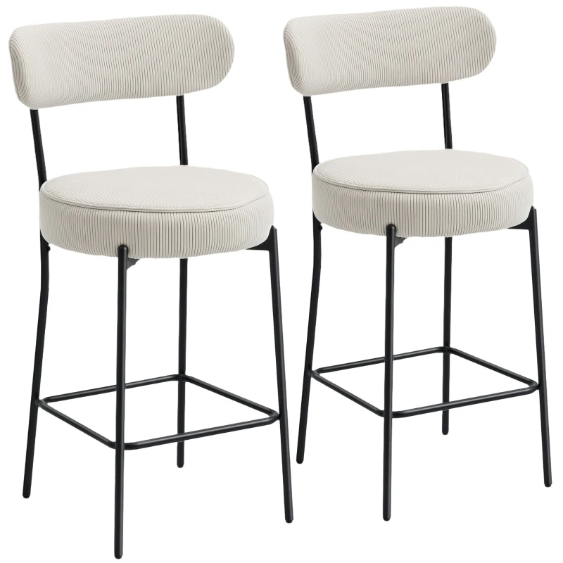 HOMCOM Set of 2 Barstools, Upholstered Corduroy Bar Stools with Backrest, Footrest for Kitchen Island, Dining Room, Cream White