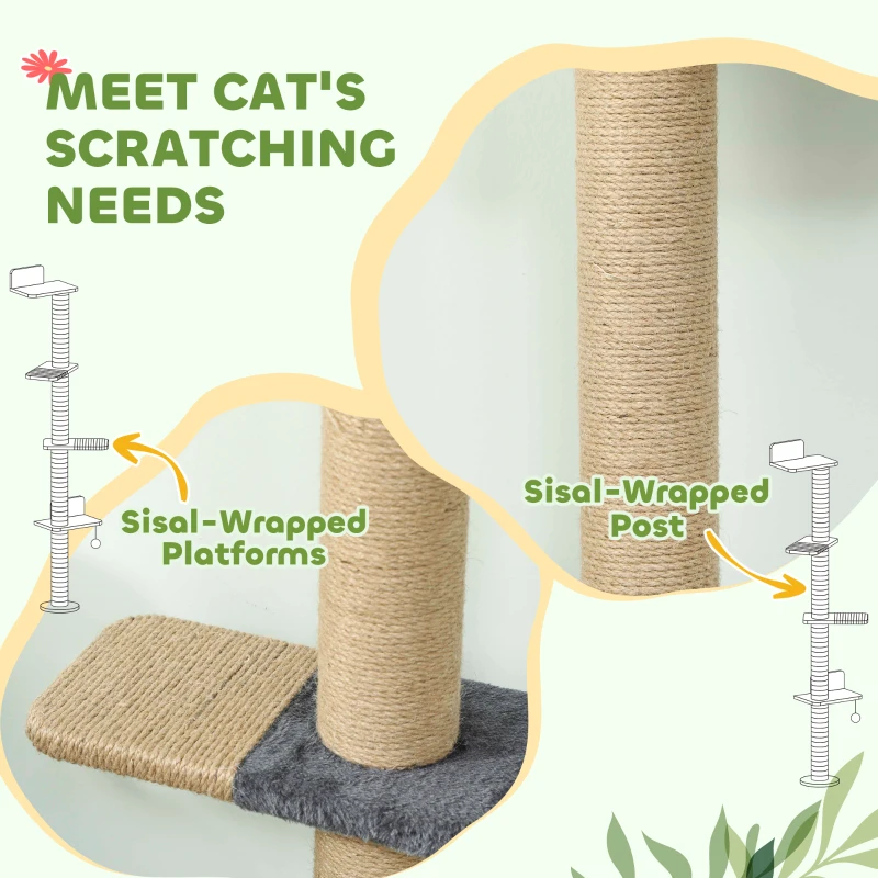PawHut Cat Wall Shelves, Cat Wall Furniture with 4 Platforms, Jute Scratching Post for Indoor Playing, Climbing, Dark Grey