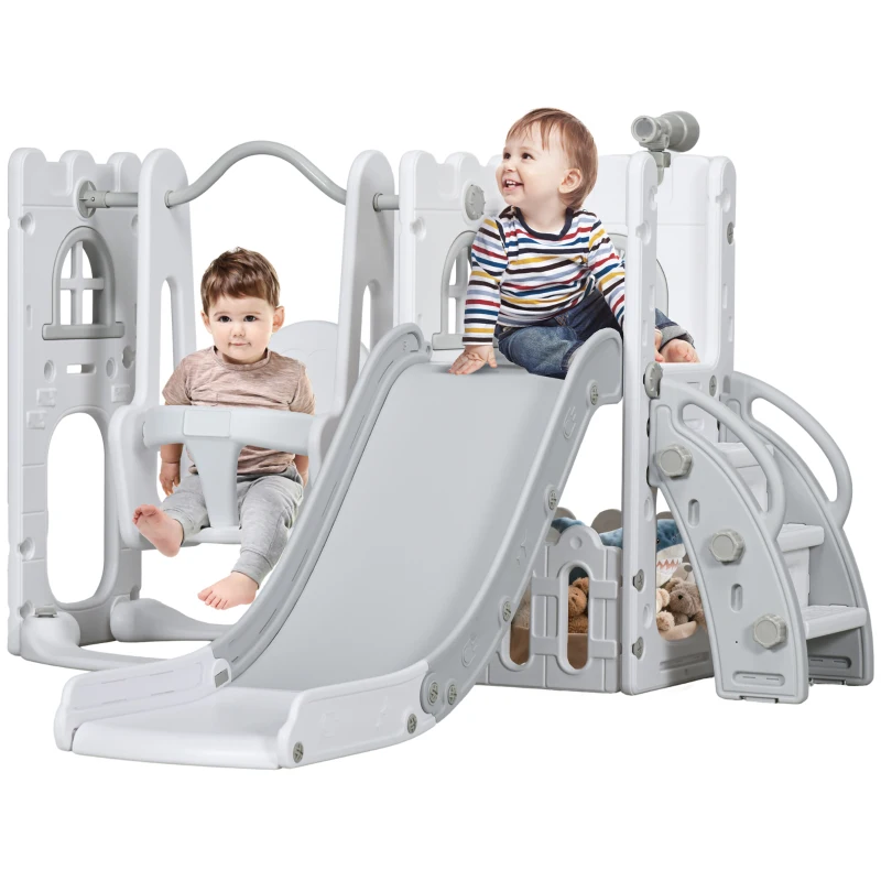 Qaba 6-in-1 Slide and Swing Set Baby Swing Playset Indoor with Basketball Hoop, Climber, Storage Space, Telescope, Grey