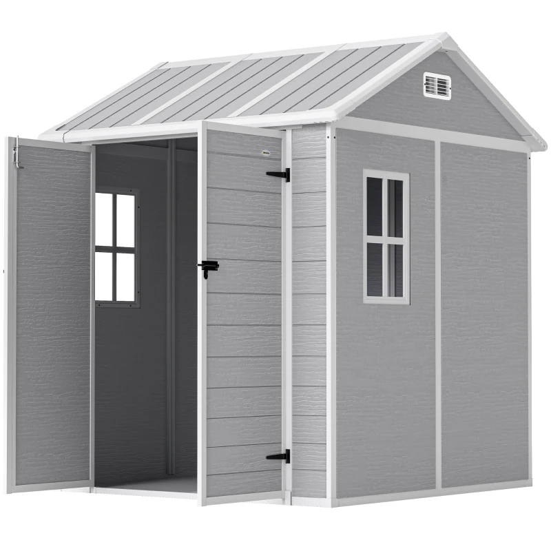 Outsunny 6' x 6' Resin Outdoor Storage Shed with Floor, Window, Lockable Doors and Vents for Backyard Patio Lawn, Grey