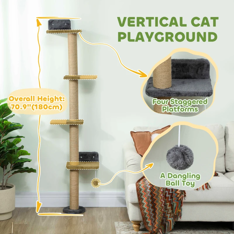 PawHut Cat Wall Shelves, Cat Wall Furniture with 4 Platforms, Jute Scratching Post for Indoor Playing, Climbing, Dark Grey