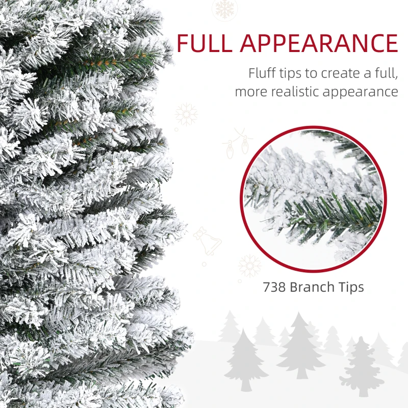 HOMOM 7.5ft Flocked Christmas Tree, Pencil Artificial Xmas Tree with Faux Snow, Dense Branches, Foldable Metal Base for Indoor Holiday Decor