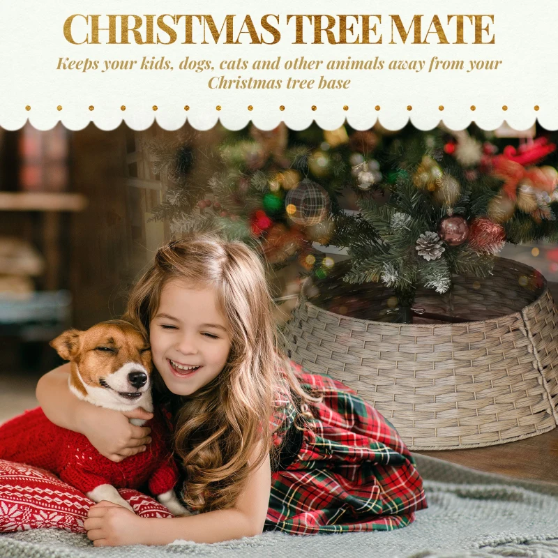HOMCOM 27 inch Rustic Christmas Tree Skirt, Plastic Woven Christmas Tree Collar for Party, Holiday, Home Decoration, Coffee