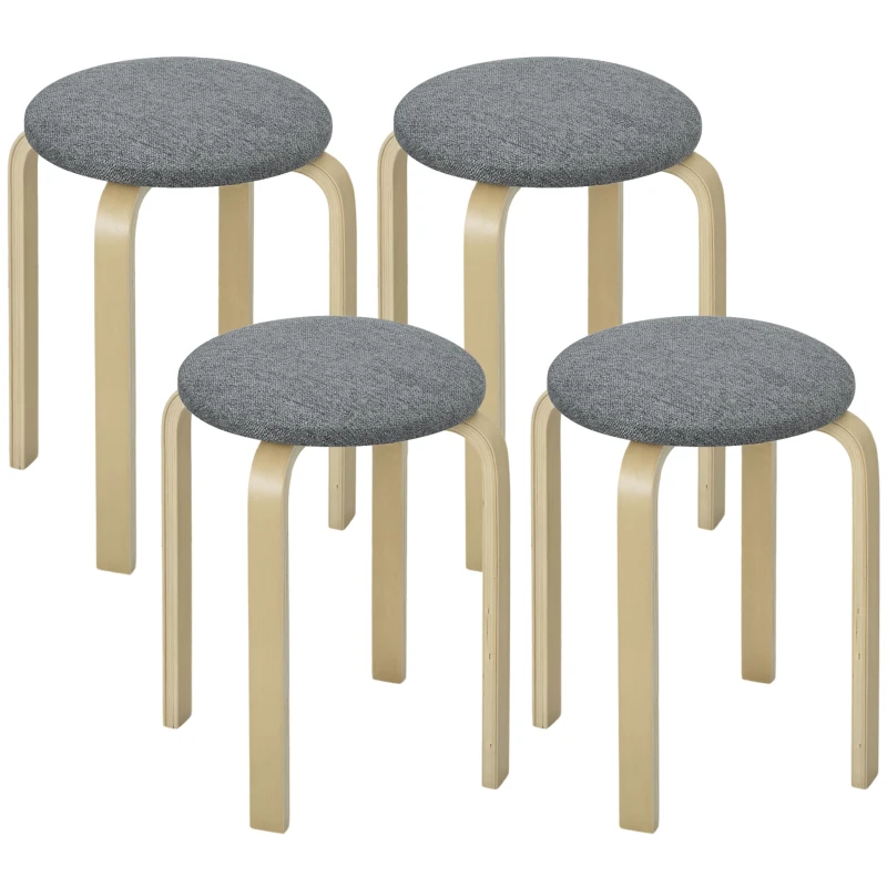 HOMCOM Stackable Wood Stools Set of 4, Stacking Kitchen Stools with Padded Seat for Dining Room, Living Room, Grey