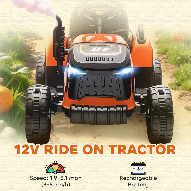 Qaba 12V Kids Ride On Tractor with Trailor, Remote Control, Music, Lights, Shifter, for Kids Ages 3-8 Years, Orange