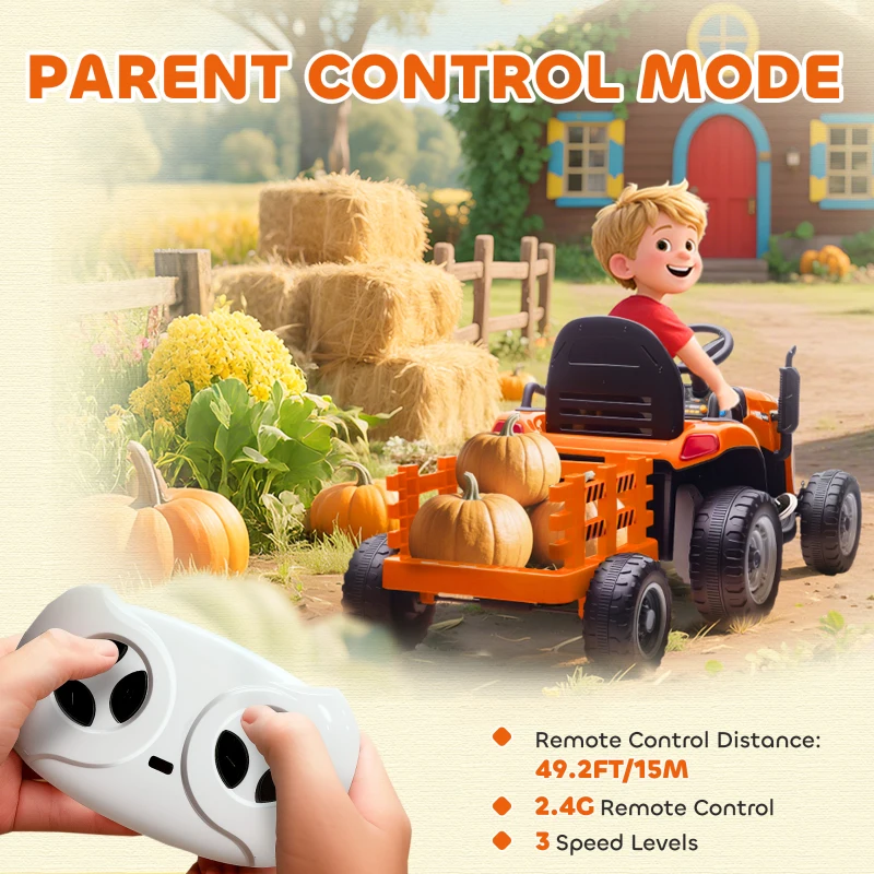 Qaba 12V Kids Ride On Tractor with Trailor, Remote Control, Music, Lights, Shifter, for Kids Ages 3-8 Years, Orange