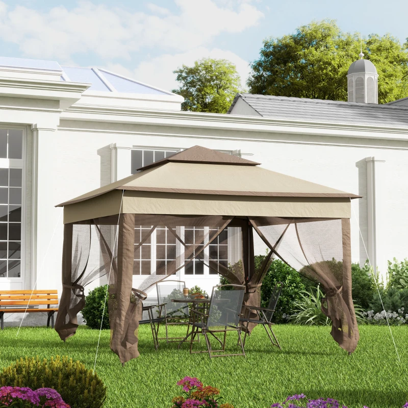 Outsunny 11' x 11' Pop Up Canopy, Outdoor Canopy Shelter Event Tent with 2-Tier Soft Top, Removable Zipper Netting and Storage Bag, for Patio, Backyard, Garden, Camping, Khaki