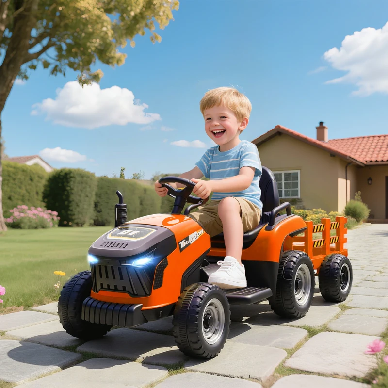 Qaba 12V Kids Ride On Tractor with Trailor, Remote Control, Music, Lights, Shifter, for Kids Ages 3-8 Years, Orange