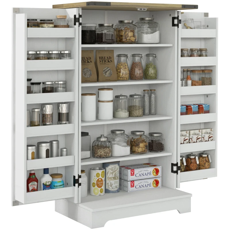 HOMCOM Farmhouse Kitchen Pantry Storage Cabinet, Kitchen Pantry Cabinet with Doors and Adjustable Shelves, Cream White