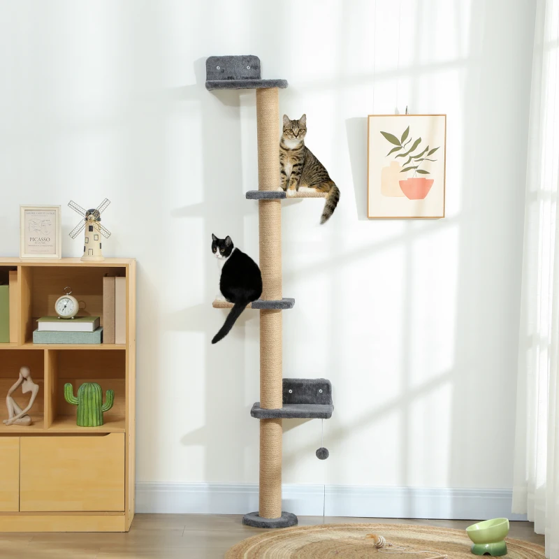 PawHut Cat Wall Shelves, Cat Wall Furniture with 4 Platforms, Jute Scratching Post for Indoor Playing, Climbing, Dark Grey