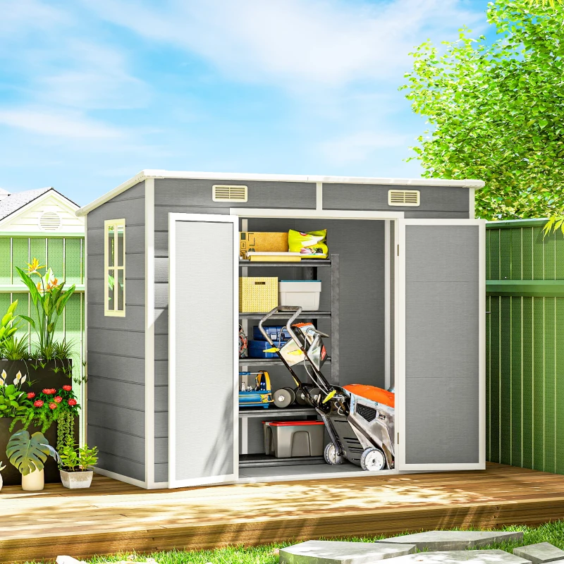 Outsunny 8' x 4' Resin Outdoor Storage Shed with Floor, Window, Lockable Doors and Vents for Backyard Patio Lawn, Light Grey