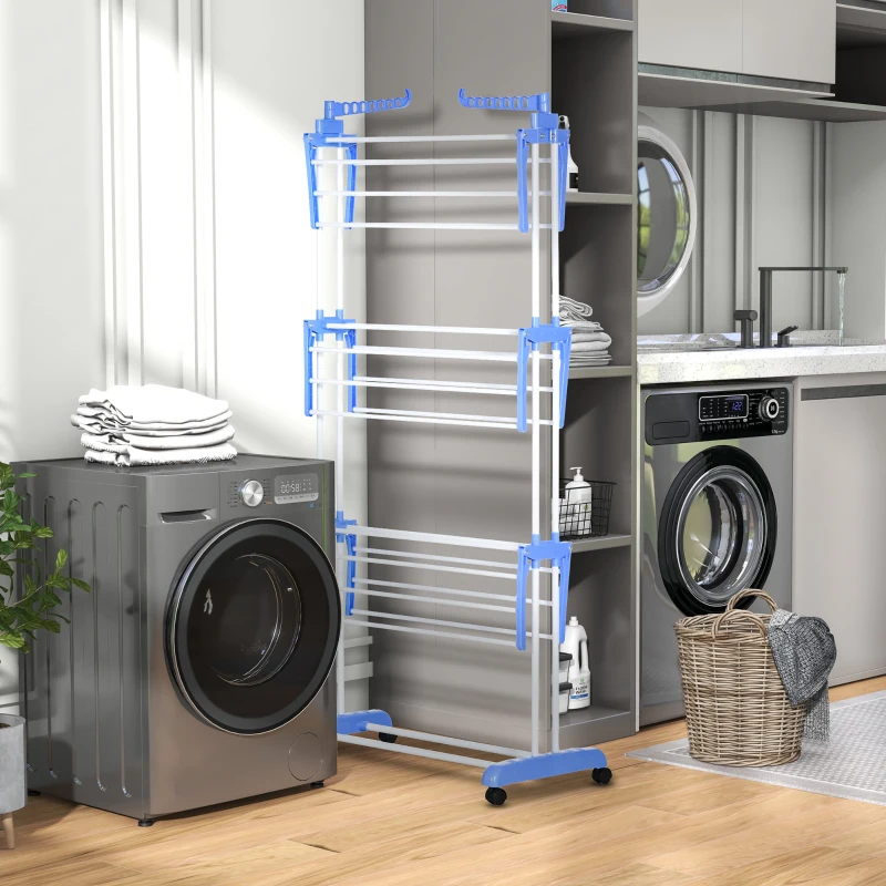HOMCOM Foldable Clothes Drying Rack, 4-Tier Steel Laundry Rack for Drying Clothes with 2 Side Wings and 4 Castors, Indoor and Outdoor Use, Blue
