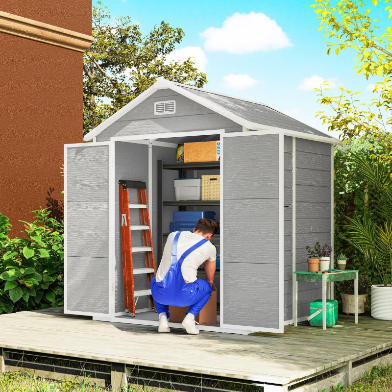 Outsunny 6' x 5' Plastic Outdoor Storage Shed, Garden Shed with Floor, Window, Lockable Doors and Vents, Wood Effect Grey