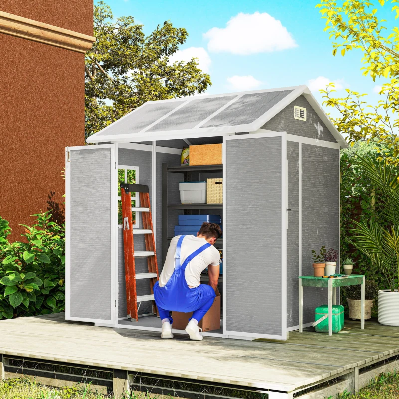 Outsunny 6' x 6' Resin Outdoor Storage Shed with Floor, Window, Lockable Doors and Vents for Backyard Patio Lawn, Grey